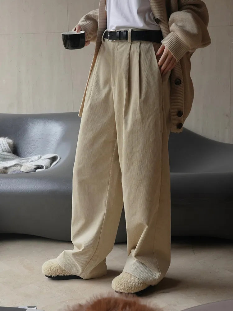 Retro-Inspired High Waist Corduroy Wide Leg Pants