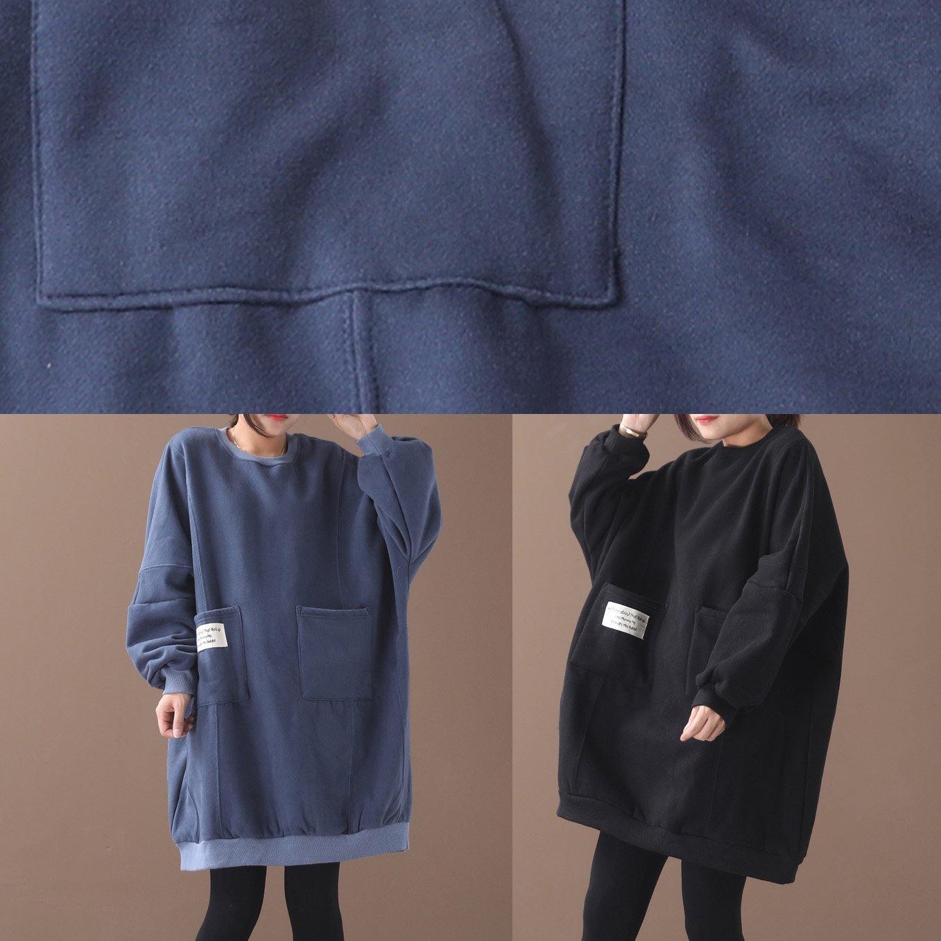 Handmade two pockets Cotton o neck clothes For Women Shape black Dresses