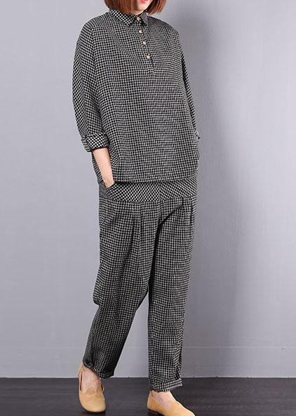new autumn black plaid cotton lapel collar long sleeve shirt and patchwork elastic waist pants two pieces