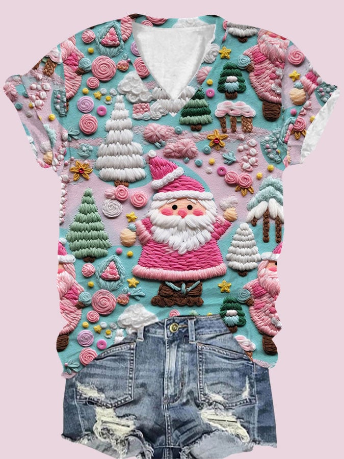 Women's  Santa Claus Print V-Neck T-Shirt