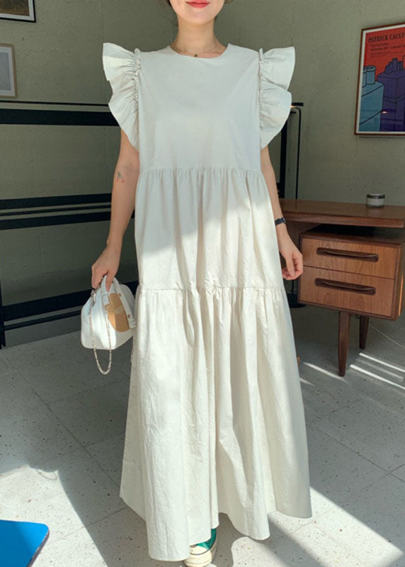 Women Beige Patchwork Cotton Dress Butterfly Sleeve