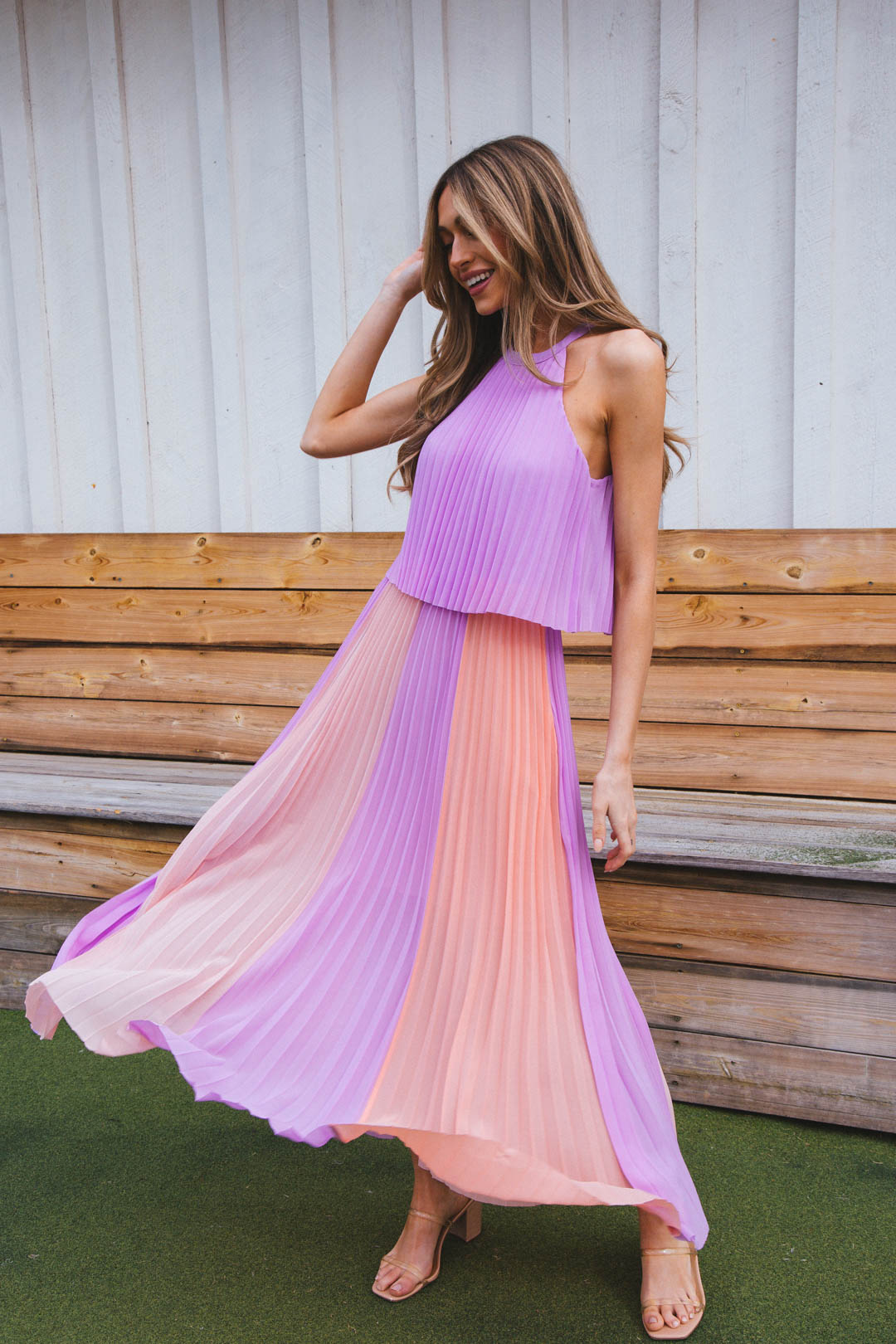 Belinda Pleated Color Block Maxi Dress, Lavender/Coral