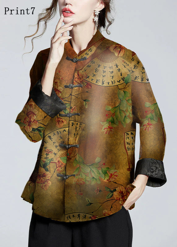 Chinese Style Golden Brown Stand Collar Button Print Silk Coats Long Sleeve