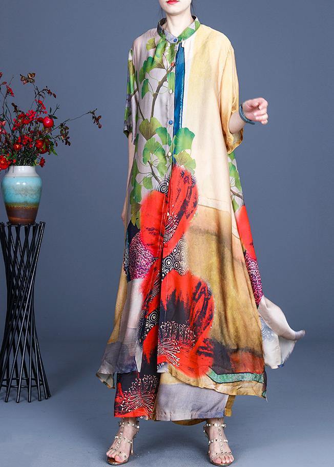 Fitted Yellow Print long Silk Summer Women Sets two Pieces