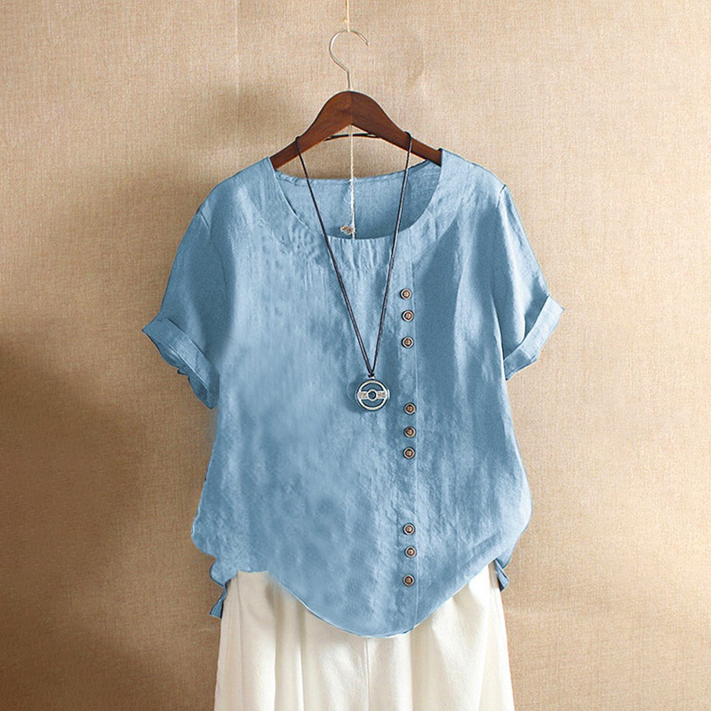 Women's 2023 Spring-Summer Casual Short Sleeve Tunic Tops Ruffle Button Loose Blouse T-Shirts
