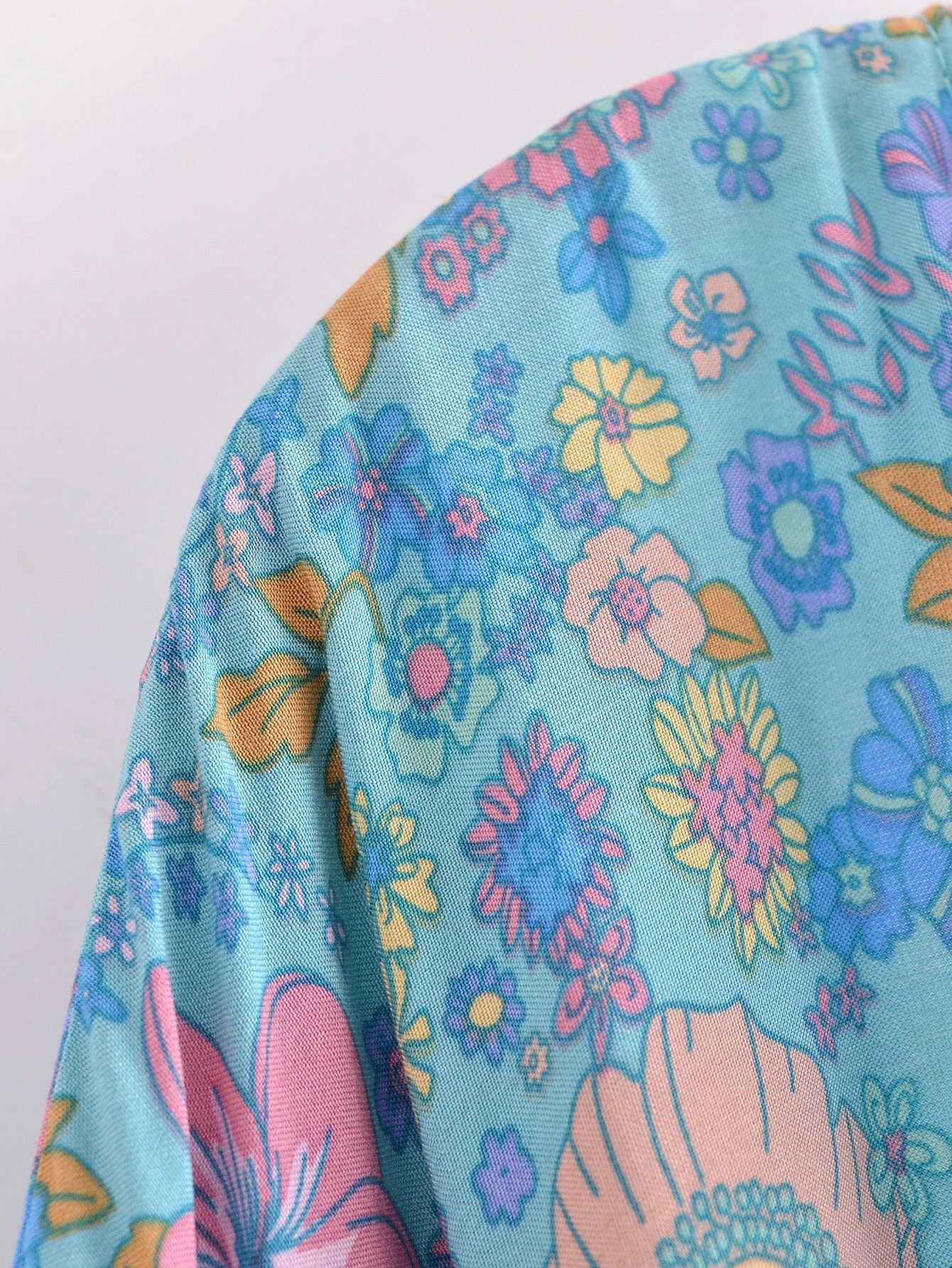 Blue Hibiscus Boho Floral Print Short Robe