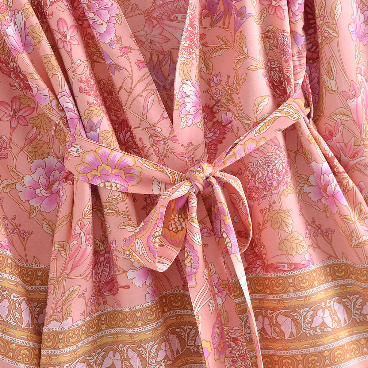 Rosy Pink Butterfly Boho Floral Print Short Robe