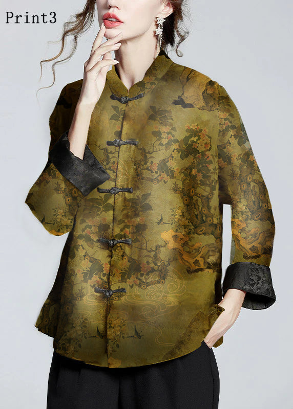 Chinese Style Golden Brown Stand Collar Button Print Silk Coats Long Sleeve
