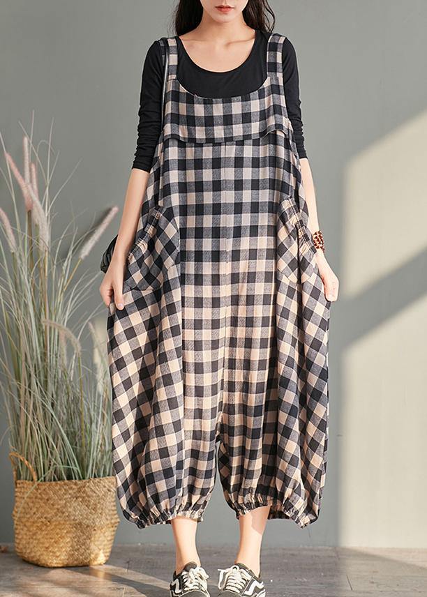 New cage pants casual plaid jumpsuit cotton and linen overalls women