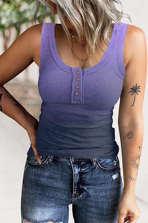 Trixiedress Casual U Neck Buttons Gradient Tank Top