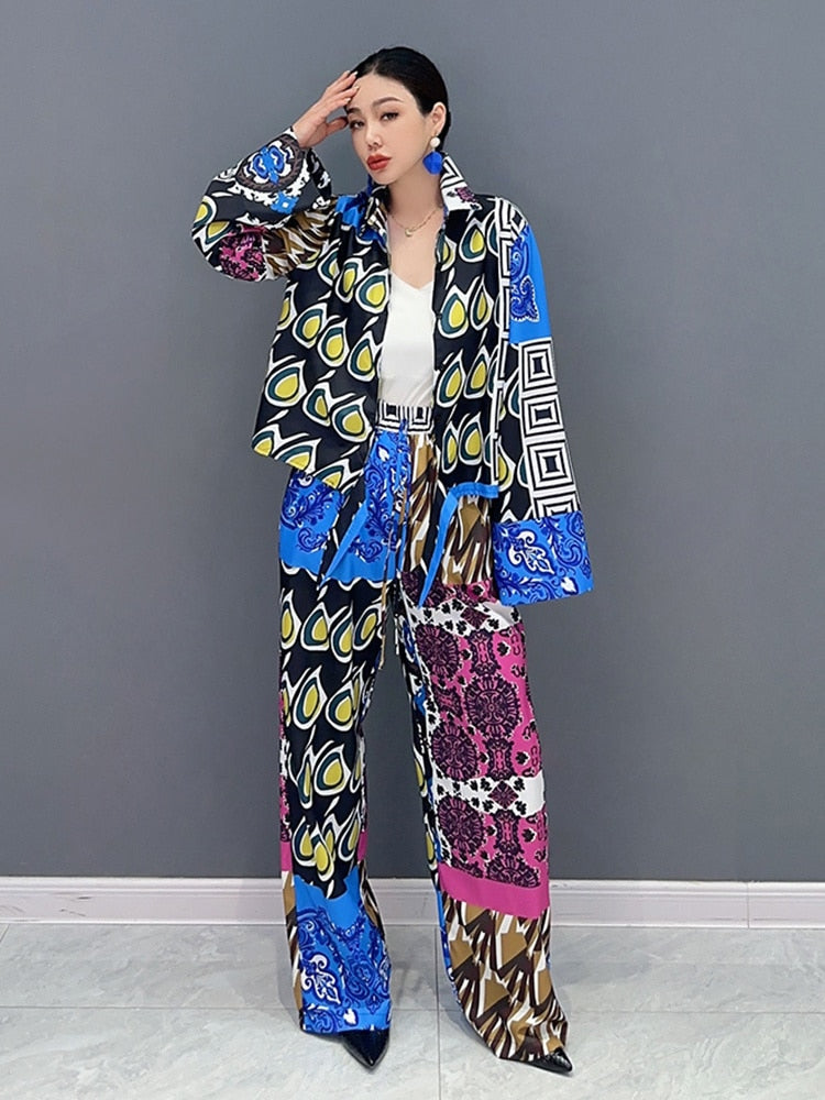 Daily Chic Patchwork Long Sleeve Top & Trousers 2-Piece Set