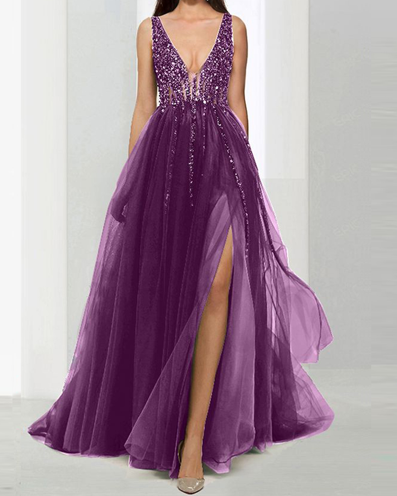 slit sequined Gown chiffon silk maxi dress