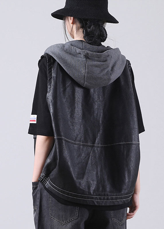 Boutique Black Patchwork Hooded Zippered Fall Pockets Blouse Tops PU Waistcoat