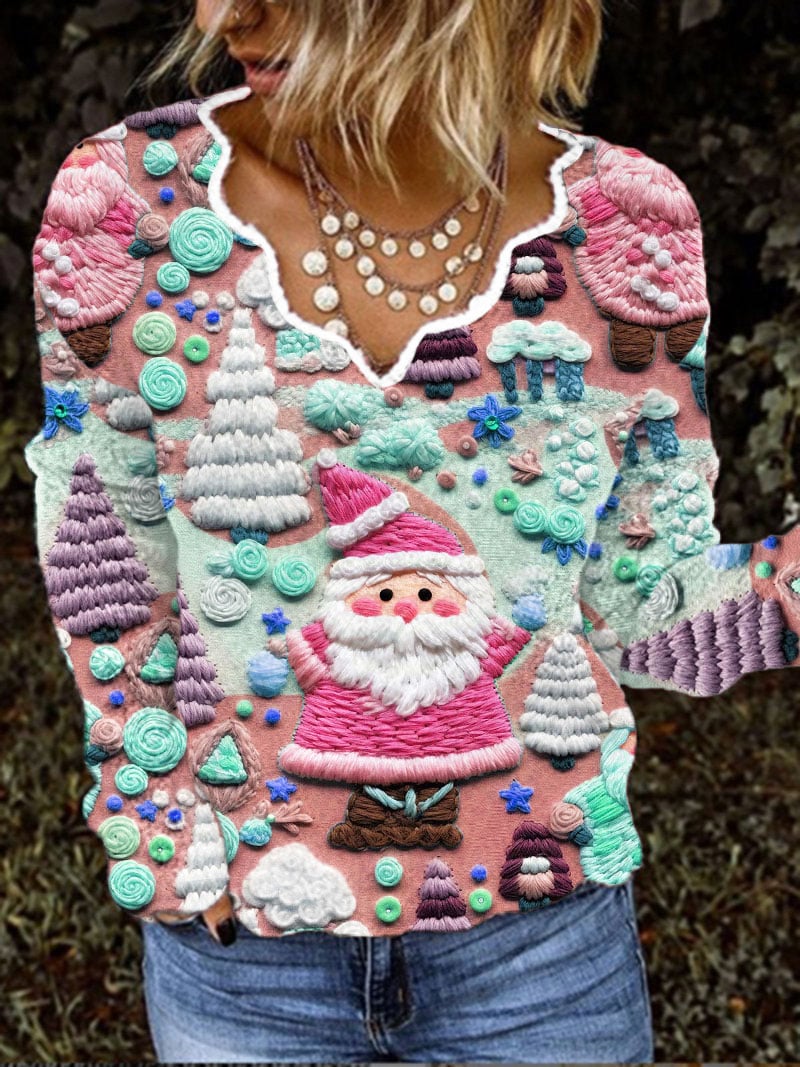 Women's Christmas Pink Santa Claus French Cashmere V-Neck Top