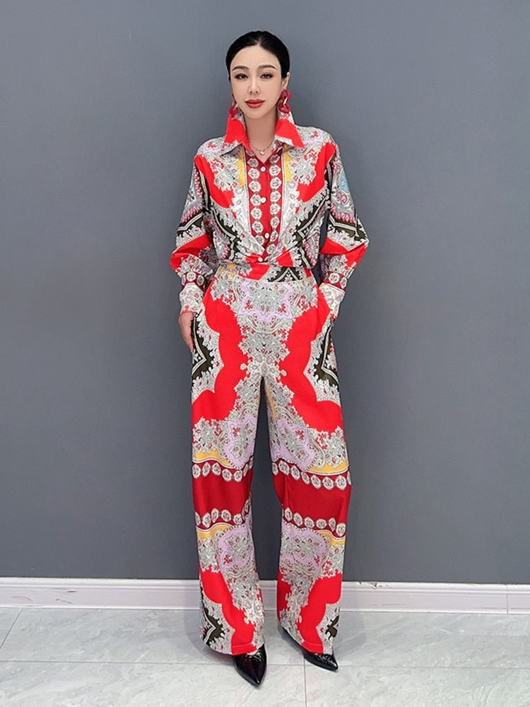 Classy Chic Red Indie Folk Long Sleeve Top & Loose Fit Pants 2-Piece Set