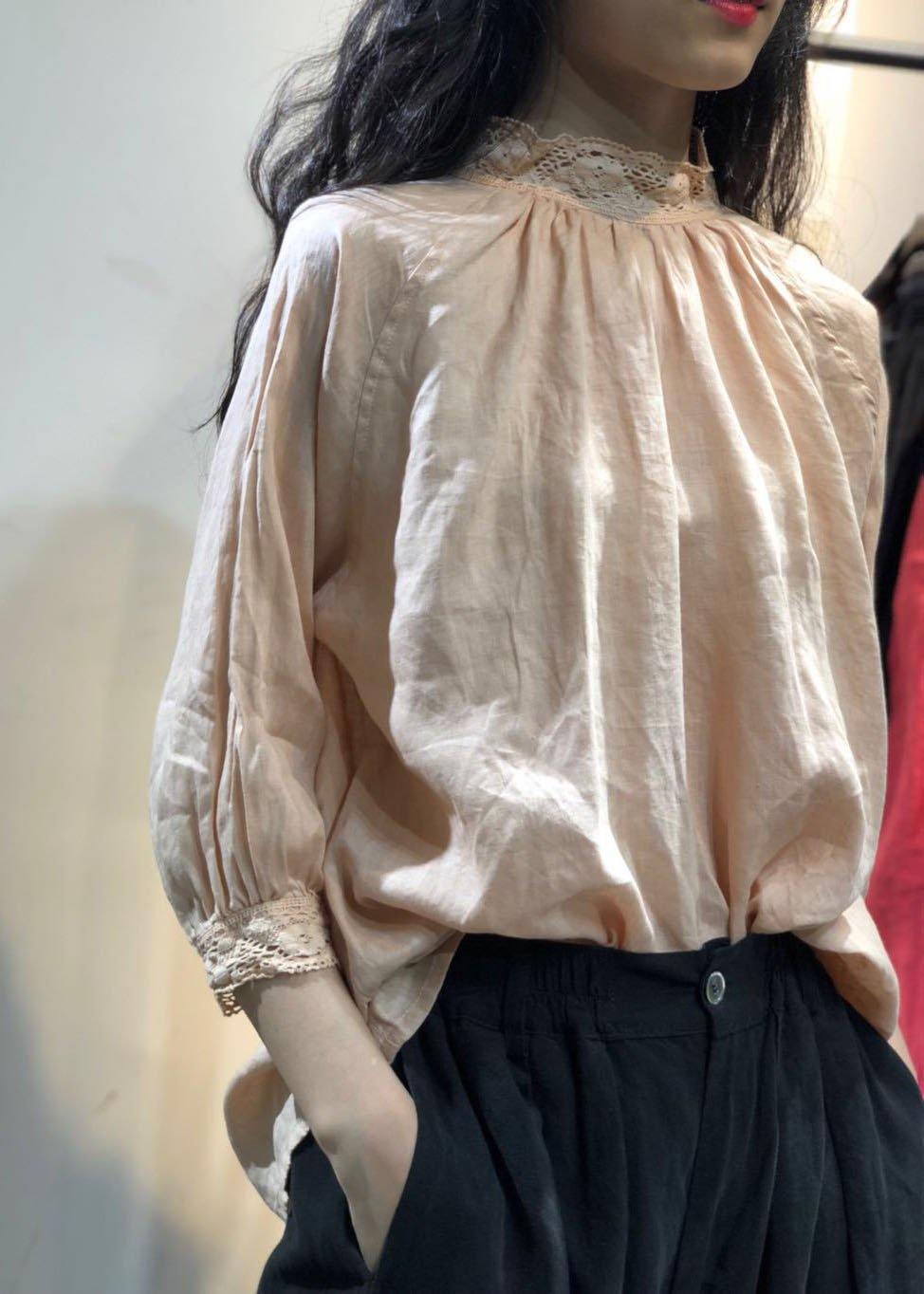 French lace collar linen clothes Neckline light pink top fall