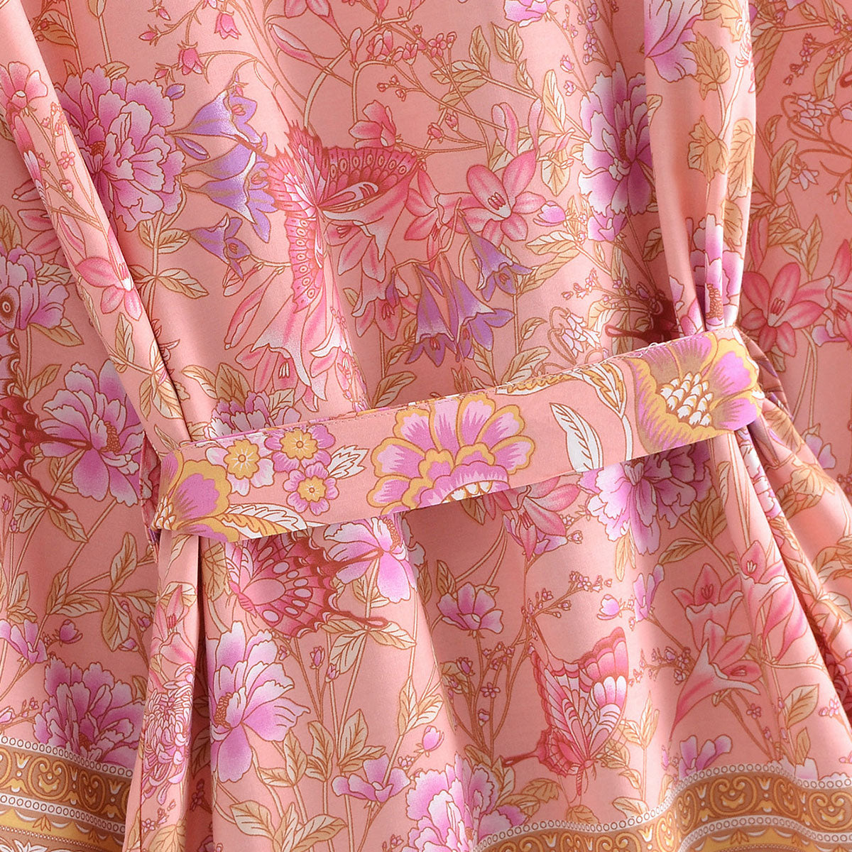 Rosy Pink Butterfly Boho Floral Print Short Robe