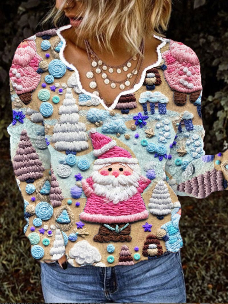 Women's Christmas Pink Santa Claus French Cashmere V-Neck Top