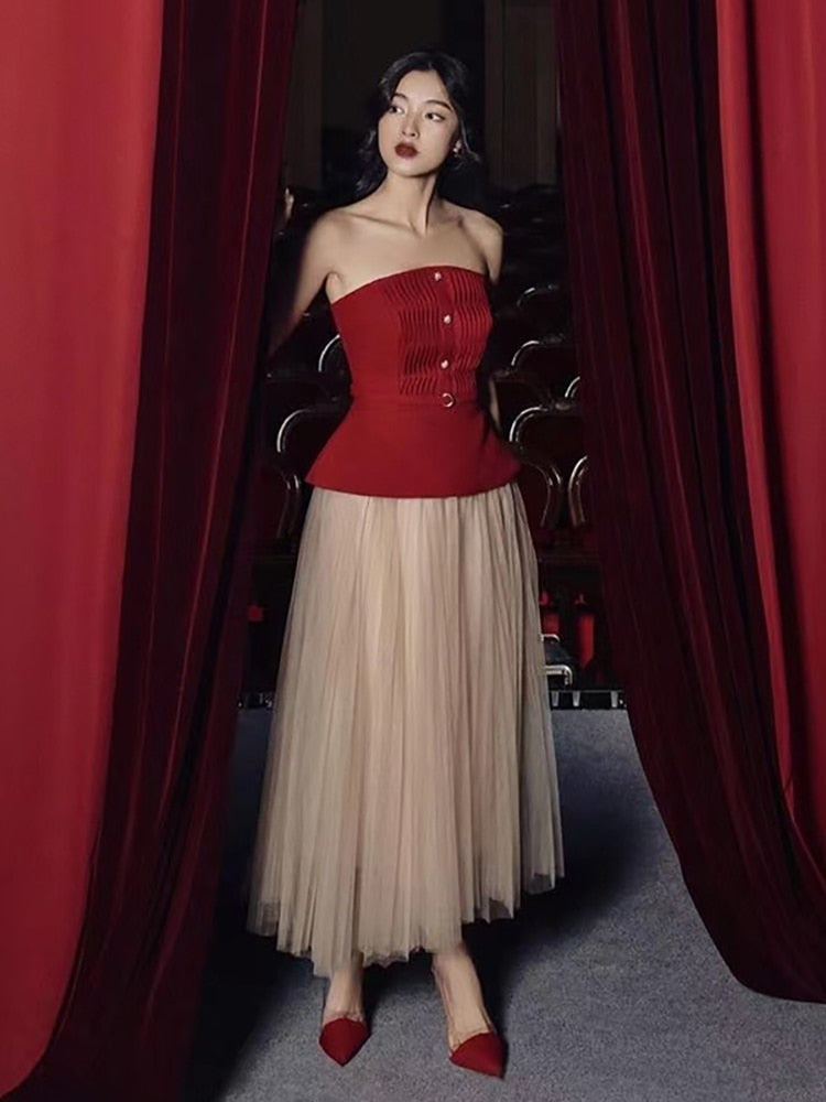 Opulent Red Halter Top & Pink Pleated Skirt 2-Piece Ensemble