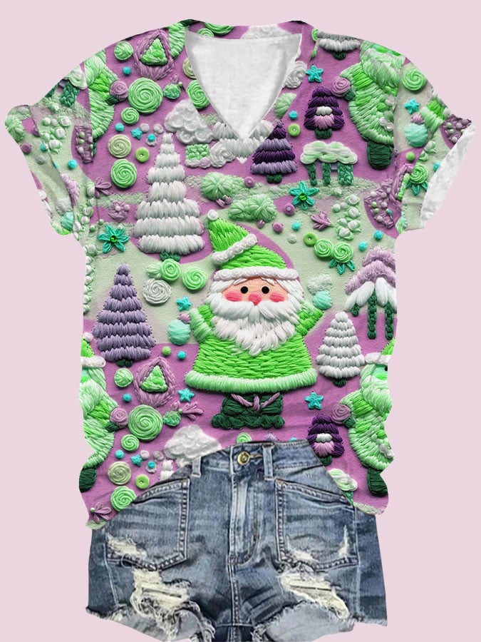 Women's  Santa Claus Print V-Neck T-Shirt