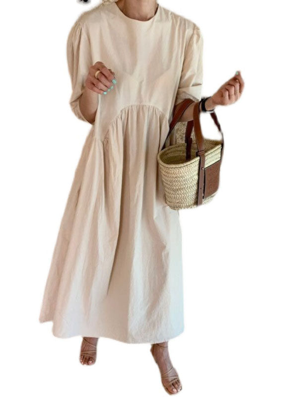 Women Khaki O Neck Wrinkled Patchwork Cotton Dresses Summer