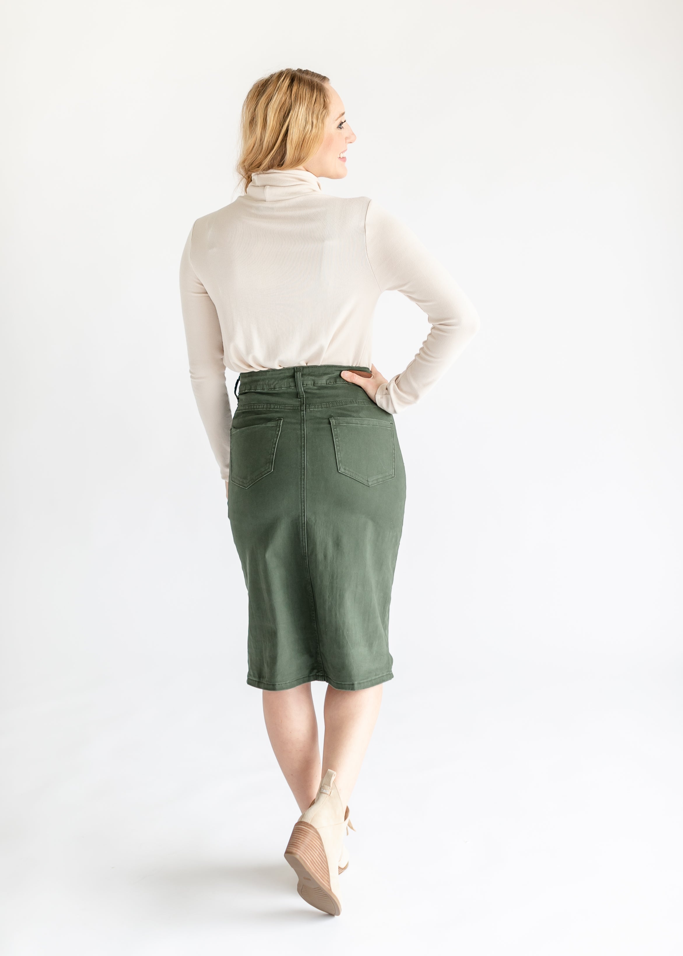 Remi Olive Branch Denim Midi Skirt