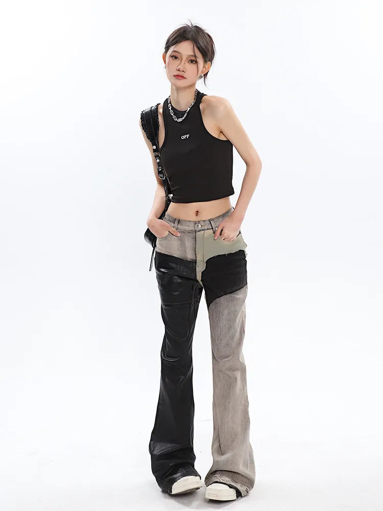 Black and Washed Denim Retro Twist Irregular Jeans