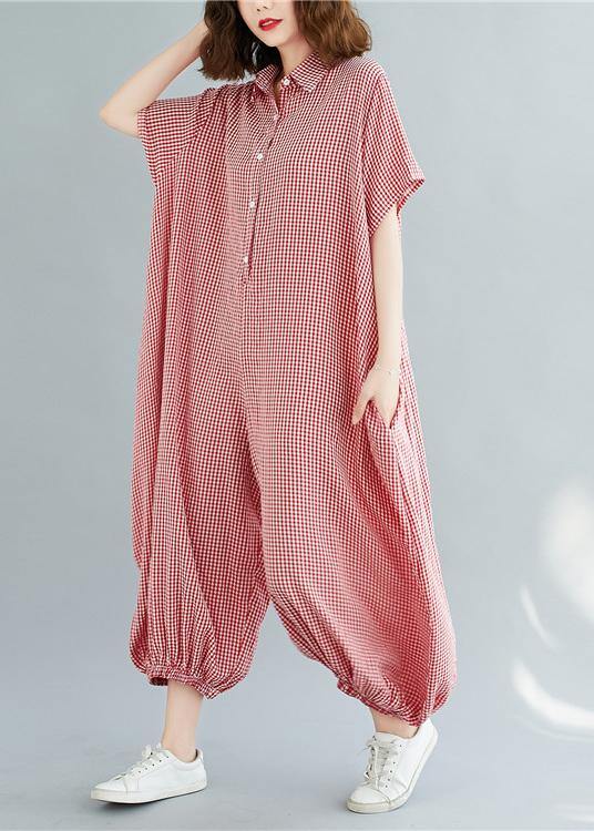 Bohemian red plaidpant Thin summerSewing wild jumpsuit