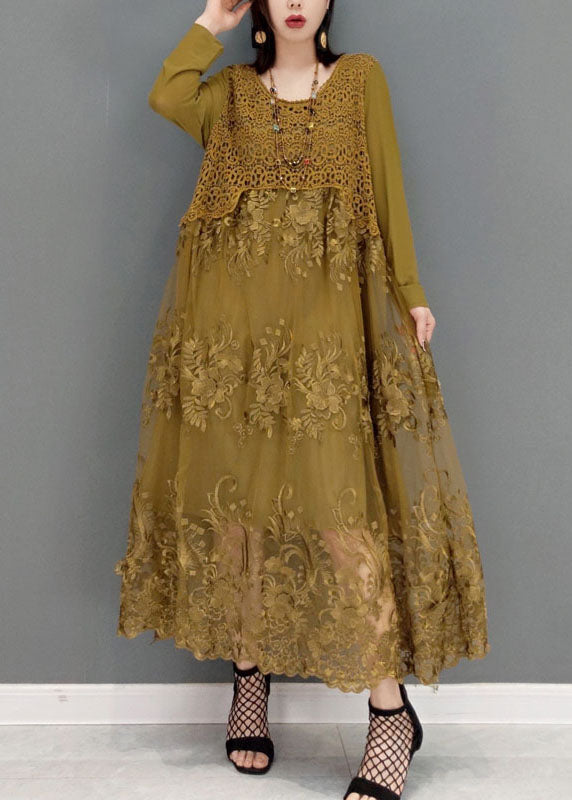 Khaki Patchwork lace Long Dresses O-Neck Embroideried Long Sleeve