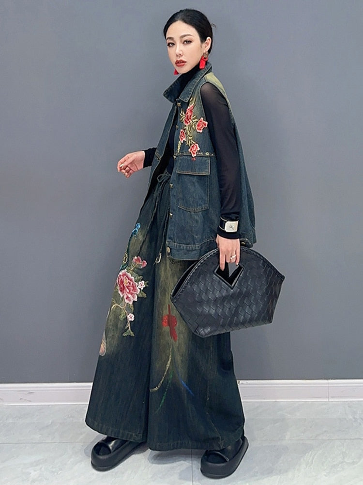 Floral Embroidered Denim Wide-Leg Pants and Matching Vest Set
