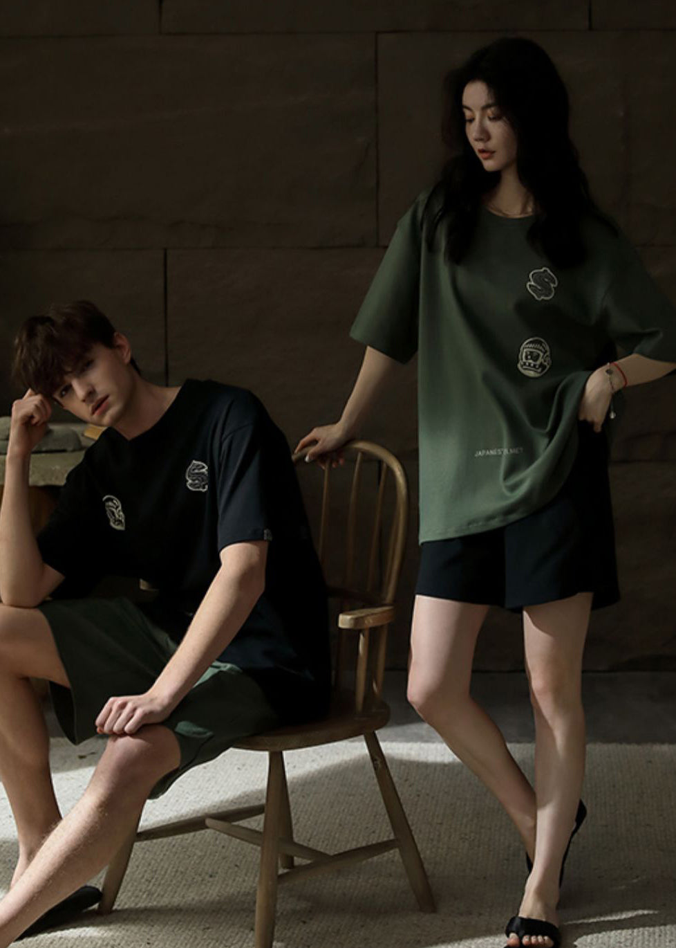 Novelty O-Neck Print Cotton Couple Pajamas Two Pieces Set Summer