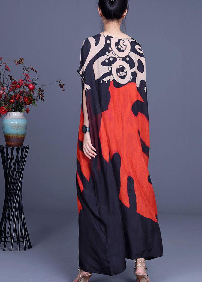 Bohemian Red Print O-Neck Silk Summer Maxi Dresses