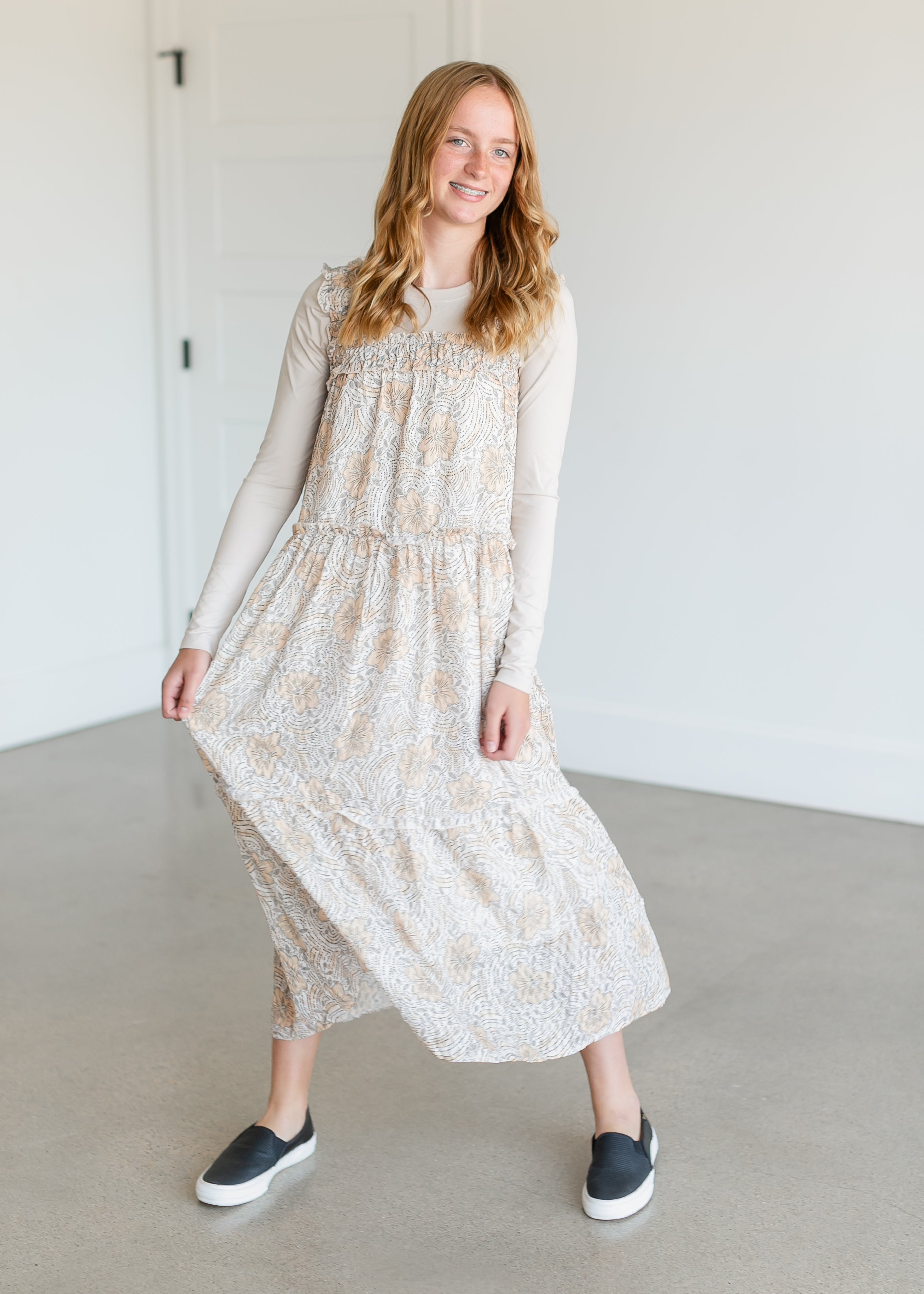 Golden Floral Tiered Maxi Dress