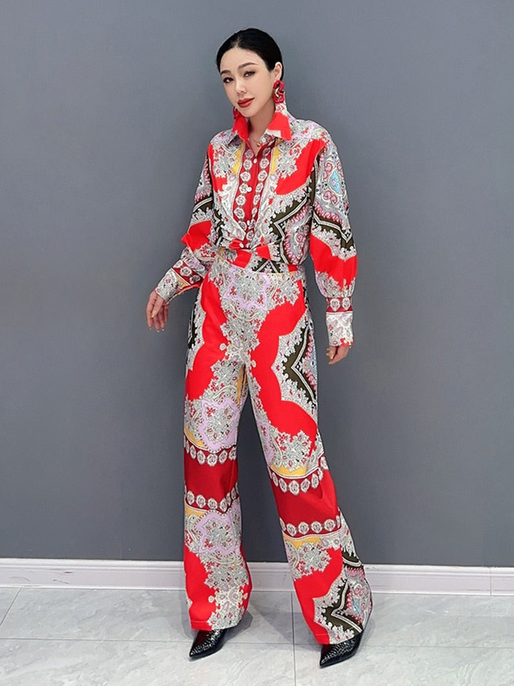 Classy Chic Red Indie Folk Long Sleeve Top & Loose Fit Pants 2-Piece Set