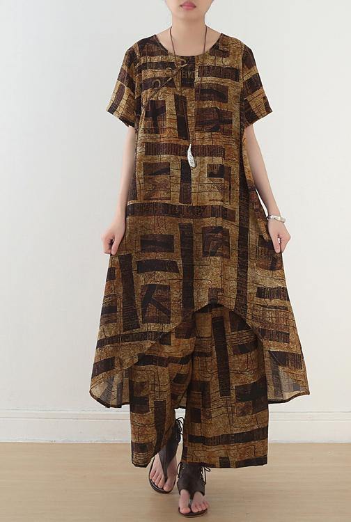 gray prints casual Chiffon two pieces side open tops and elastic waist wide leg pants