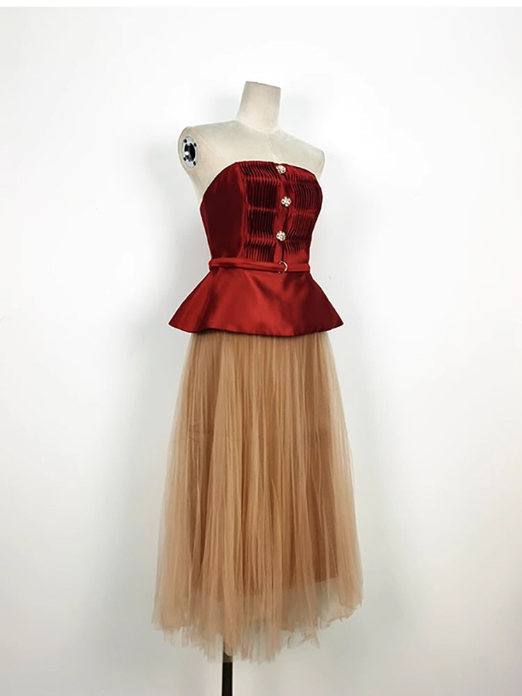 Opulent Red Halter Top & Pink Pleated Skirt 2-Piece Ensemble