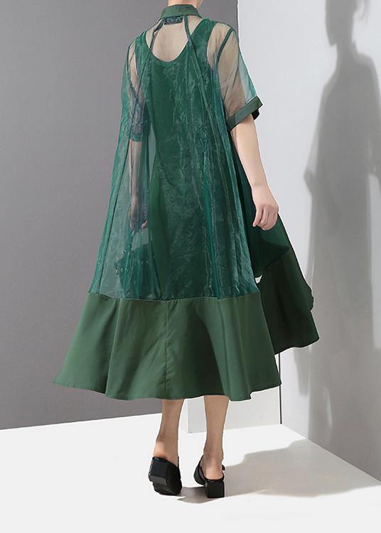 Two Pieces Women Summer Solid Green Midi Transparent Mesh Dress Set