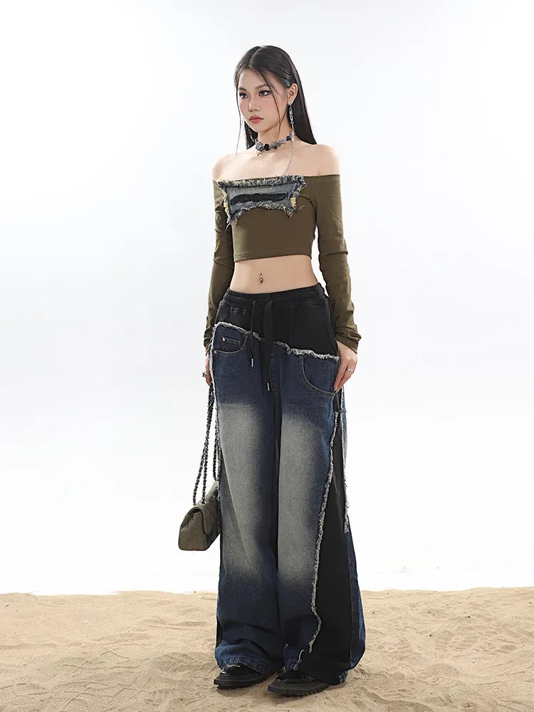 Classic Retro Elastic Waist Wide Leg Denim Pants