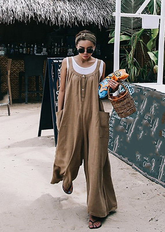 Plus Size Khaki Spaghetti Strap Pockets Jumpsuit Pants Summer