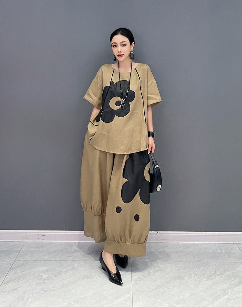 Khaki Short Sleeve Floral Tunic Top & Wide Leg Pants 2-Piece Set