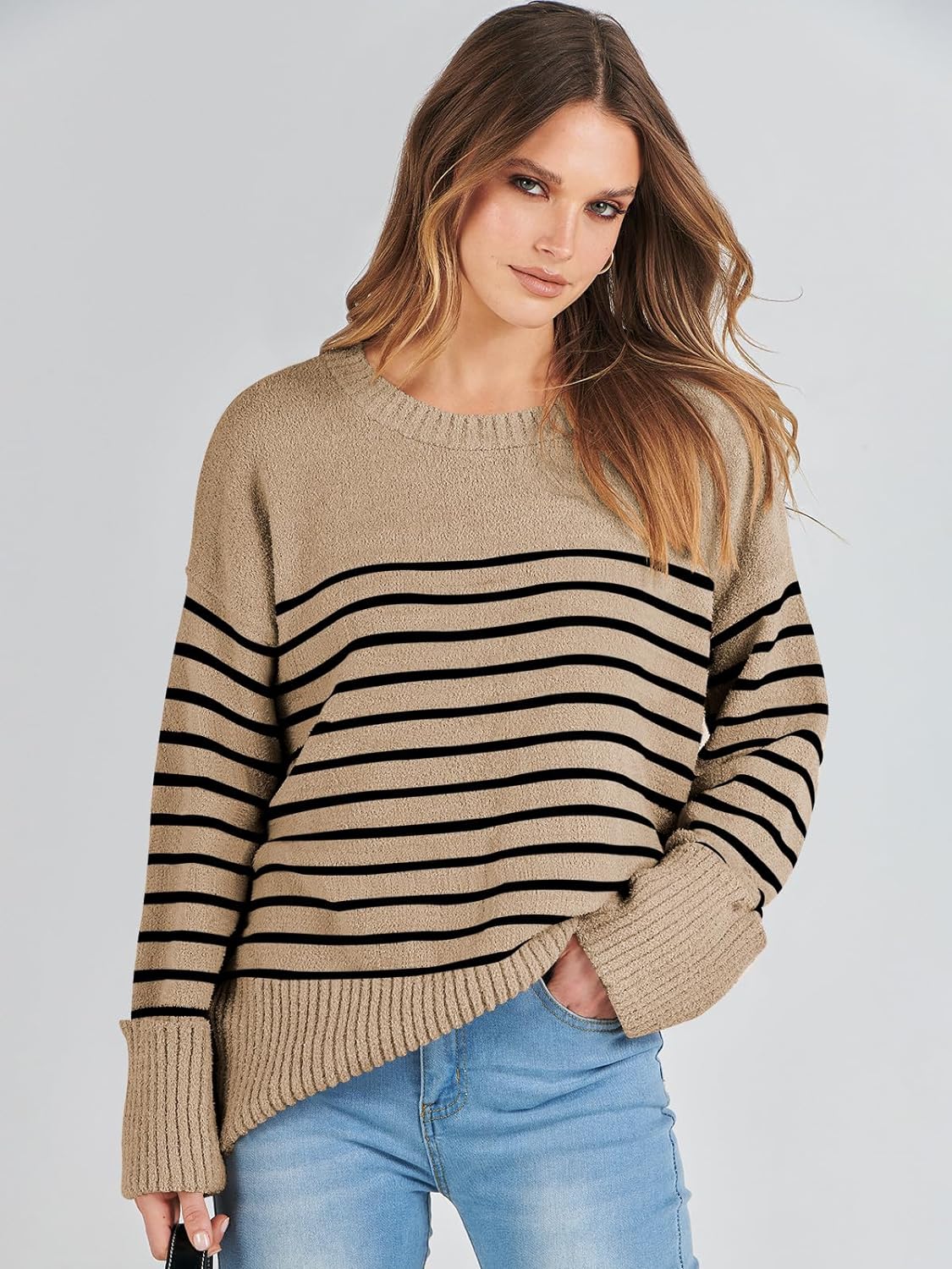 Women's Crewneck Long Sleeve Oversized Fuzzy Knit Chunky Warm Pullover Sweater Top