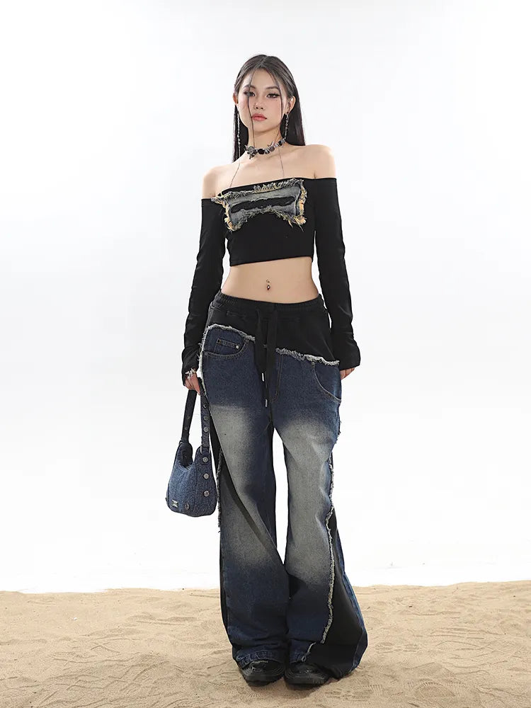 Classic Retro Elastic Waist Wide Leg Denim Pants