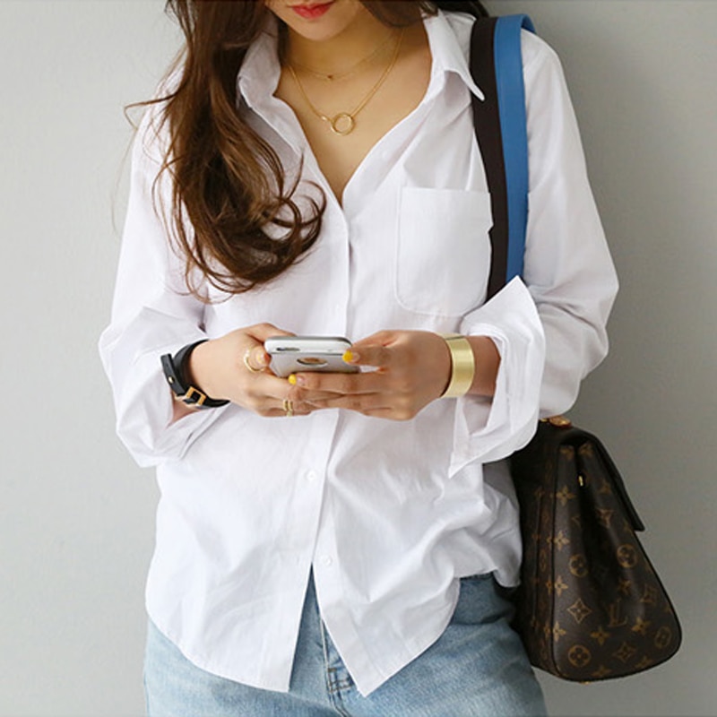 Spring One Pocket Women's Shirt Feminine Blouse Top Long Sleeve Casual White Turn-down Collar OL Style Women Loose Blouses