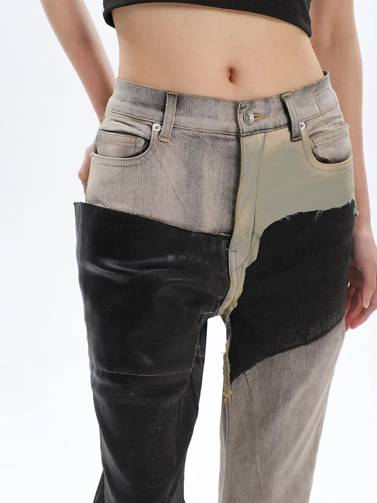 Black and Washed Denim Retro Twist Irregular Jeans