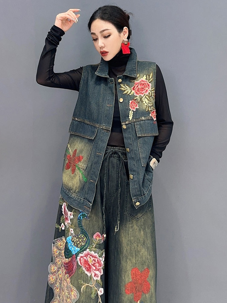 Floral Embroidered Denim Wide-Leg Pants and Matching Vest Set