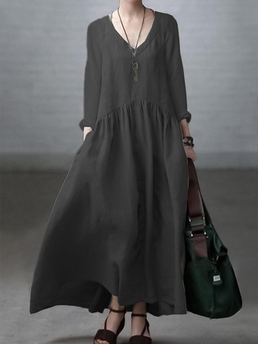 Ivory-lotus Simple and Loose V-neck Cotton and Linen Dress