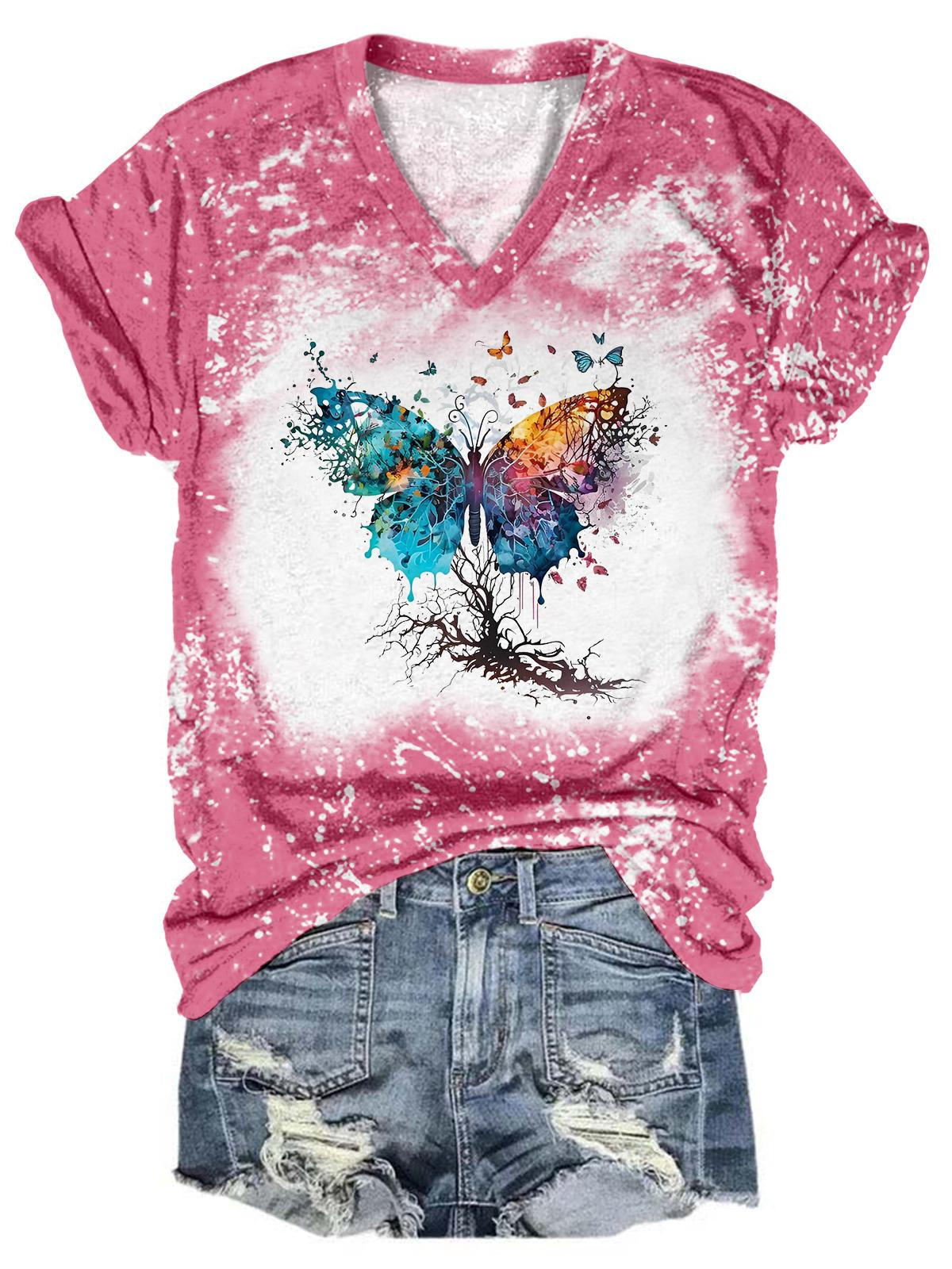 Butterfly Tree Print Tie Dye V Neck T-shirt