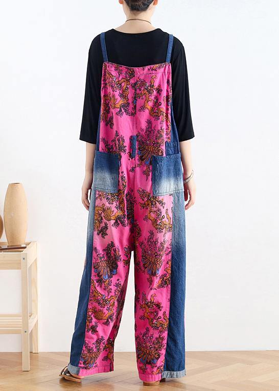 2021 retro national style rose printed loose denim overalls