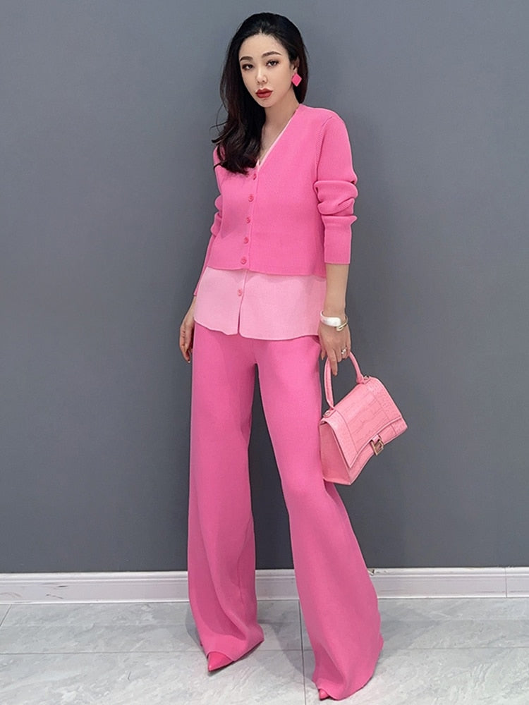 Elegant Pink Fitted Top and Loose-Leg Pants 2-Piece Set