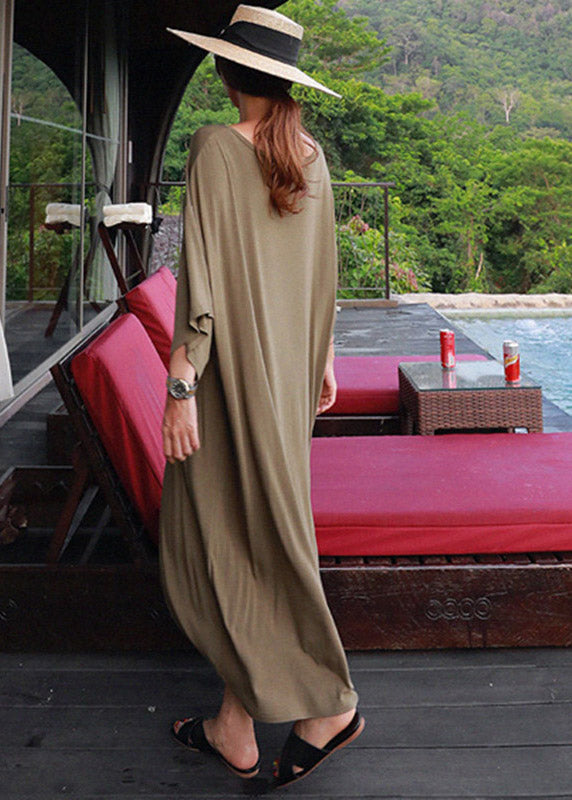 Loose Army Green O-Neck Cotton Dress Three Quarter Sleeve